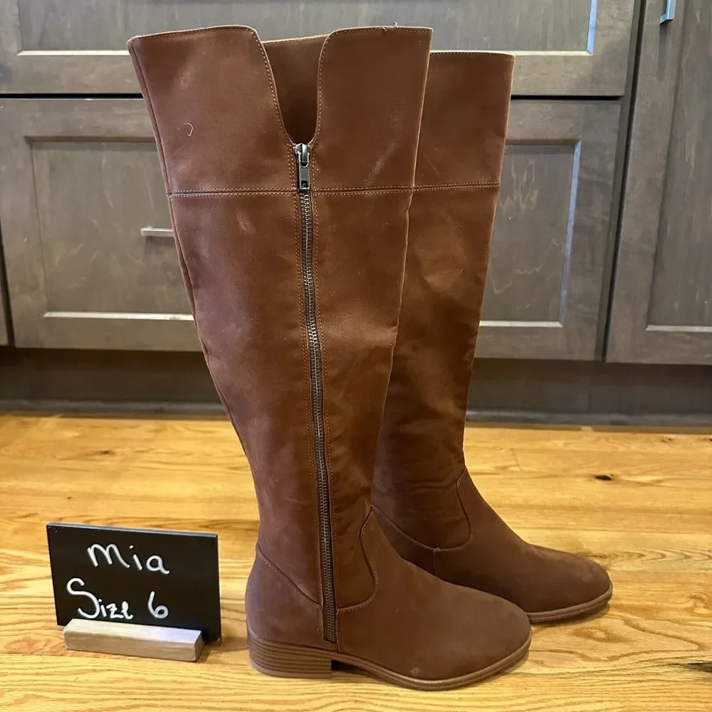 New Womens MIA Carsyn Brown Faux Leather Zip Over The Knee Boots Size 6‎ M